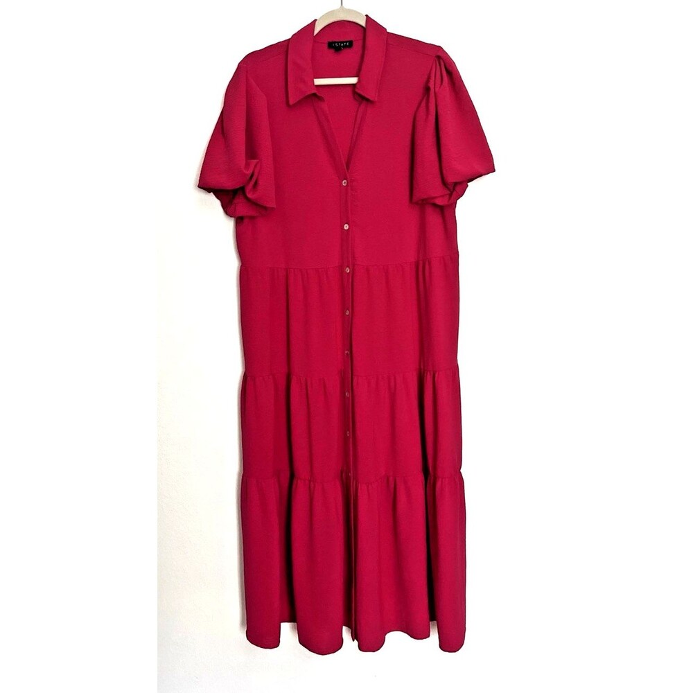 1.STATE Hot Pink Tiered Maxi Dress XL Puff Sleeve Button Front